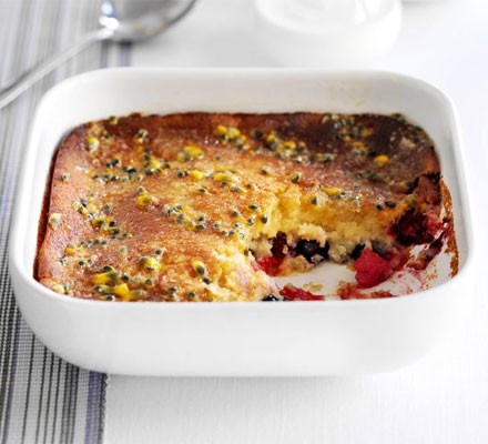 Berry bake with passion fruit drizzle recipe 