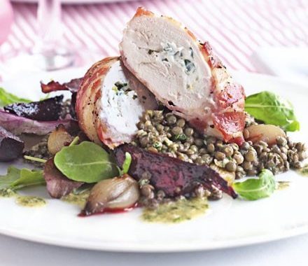 Goat's cheese chicken with warm lentils & sweet beets recipe