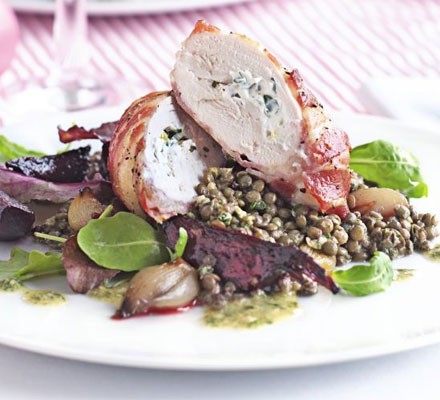 Goat's cheese chicken with warm lentils & sweet beets recipe 