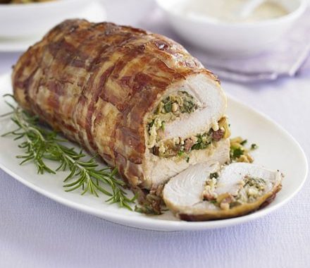 Rolled turkey breast with herby lemon & pine nut stuffing recipe