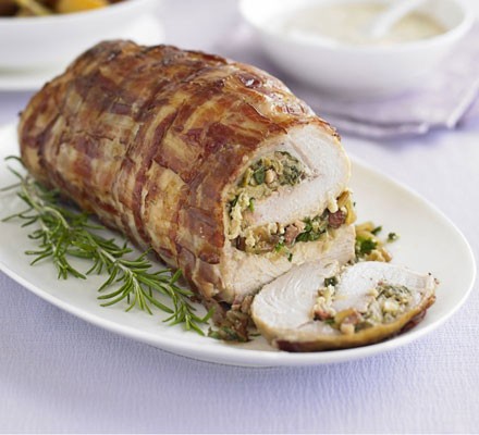 Rolled turkey breast with herby lemon & pine nut stuffing recipe 