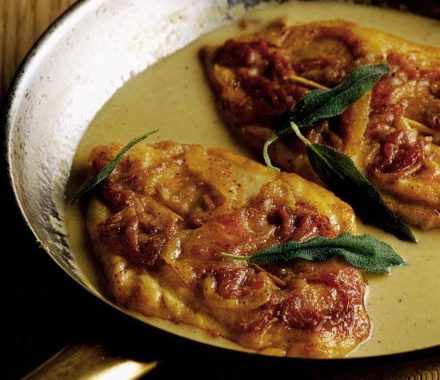 Prosciutto skewered chicken with fried sage leaves recipe
