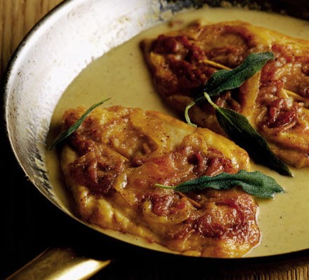 Prosciutto skewered chicken with fried sage leaves recipe 