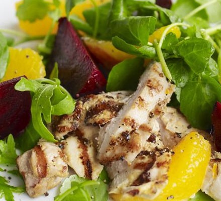 Mustard griddled chicken, beetroot & orange salad recipe 