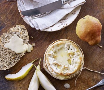 Baked cheese with quick walnut bread & pears recipe