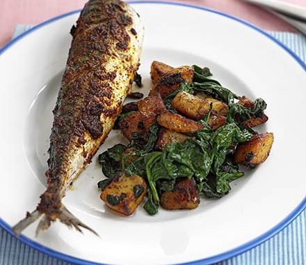 Devilled mackerel with potatoes & spinach recipe