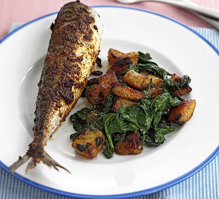 Devilled mackerel with potatoes & spinach recipe 