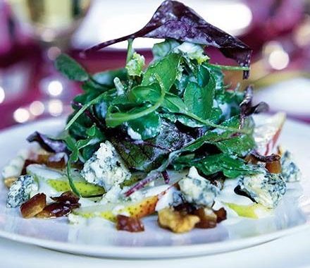 Pear, date & walnut salad with creamy stilton dressing recipe