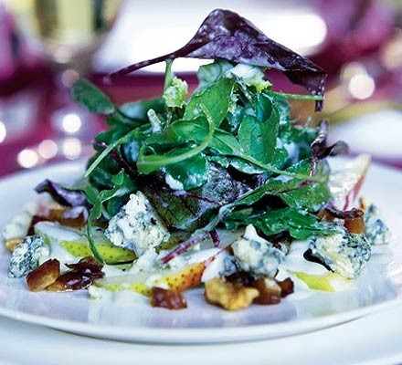 Pear, date & walnut salad with creamy stilton dressing recipe 