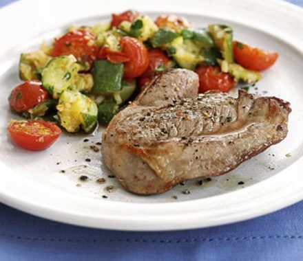 Lamb steaks with tomato & courgette crush recipe