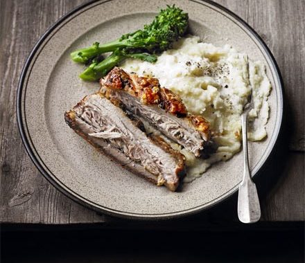 Slow-roast pork belly with celeriac & pear mash recipe