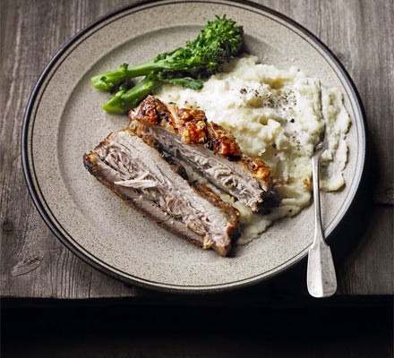 Slow-roast pork belly with celeriac & pear mash recipe 