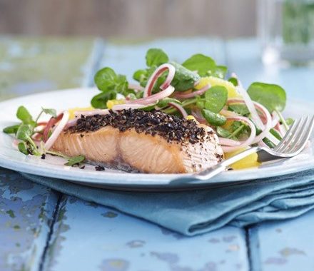 Lightly smoked salmon with orange & rhubarb salad recipe