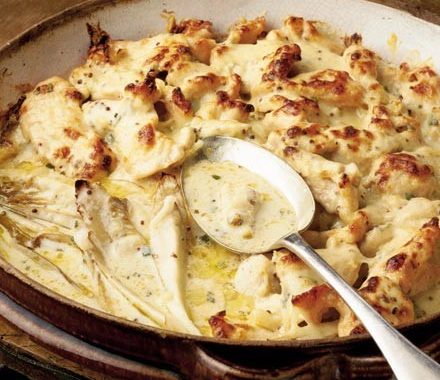 Baked chicory with chicken in a sage & mustard sauce recipe