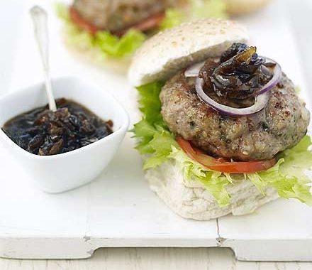Sticky sausage burgers with blue cheese recipe