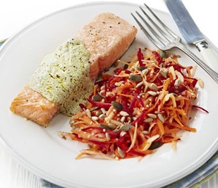 Roast salmon with pesto sauce & beetroot slaw recipe