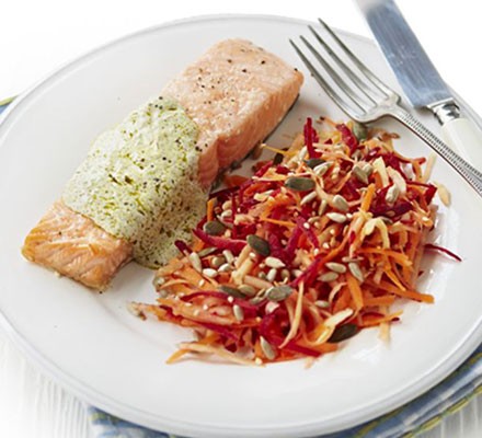 Roast salmon with pesto sauce & beetroot slaw recipe 