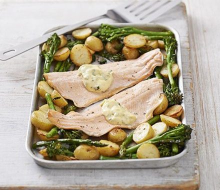 Trout traybake with minty hollandaise recipe