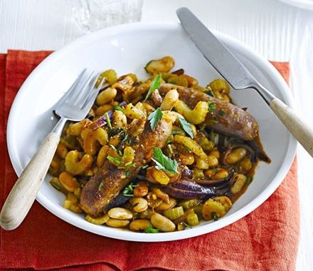 Venison sausages with piquant beans recipe