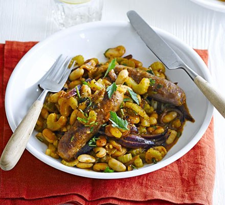 Venison sausages with piquant beans recipe 
