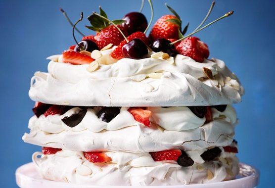 Amaretto meringue cake with strawberries & cherries recipe