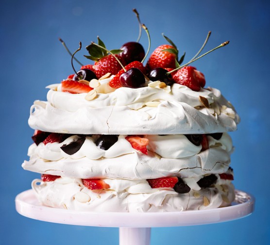 Amaretto meringue cake with strawberries & cherries recipe 