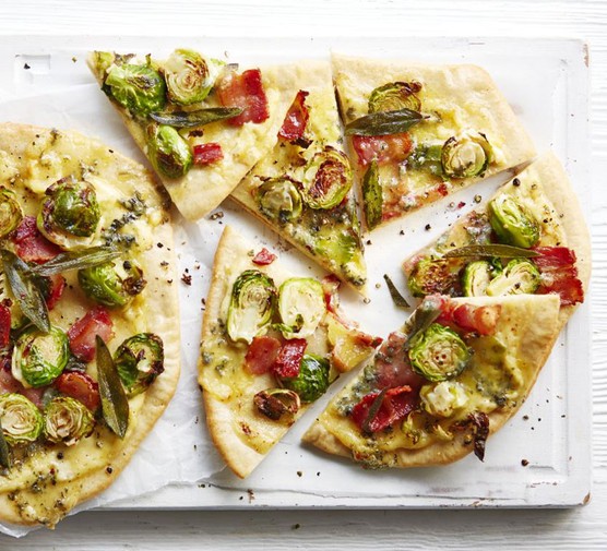 Brussels sprout, bacon & stilton pizzettas recipe 