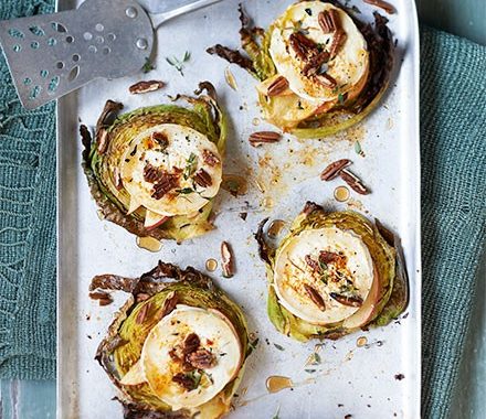 Cabbage steaks with apple, goat’s cheese & pecans recipe