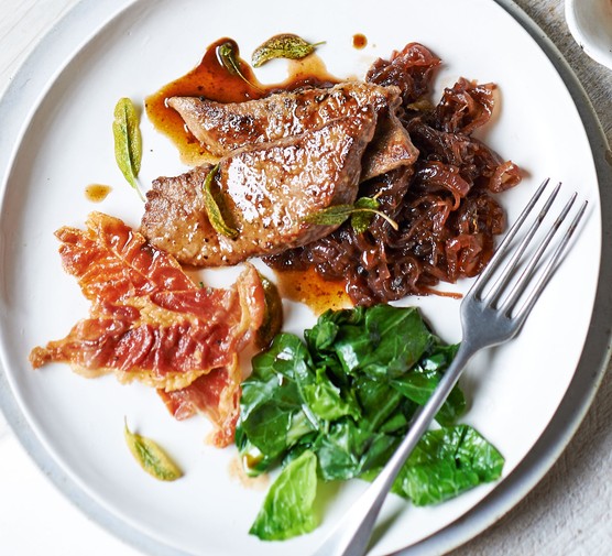 Calves’ liver with sticky onion relish & prosciutto recipe 