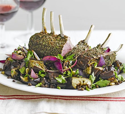 Herby lamb with roast aubergine & puy lentils recipe 