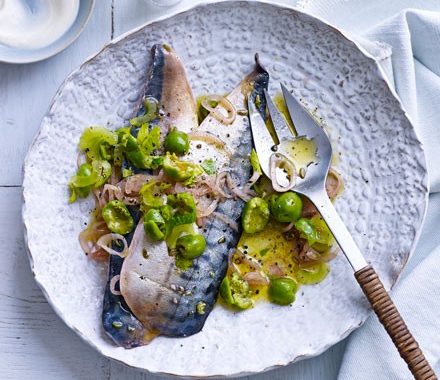 Marinated mackerel with green olive & celery dressing recipe