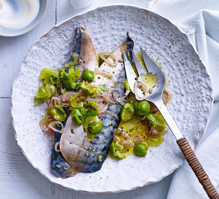 Marinated mackerel with green olive & celery dressing recipe 