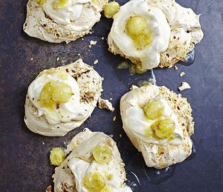 Brown sugar meringues with gooseberry compote & cream recipe