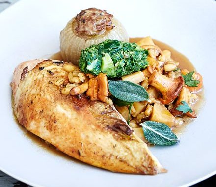 Pot-roast pheasant with pearl barley & stuffed onions recipe