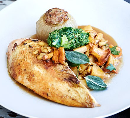 Pot-roast pheasant with pearl barley & stuffed onions recipe 