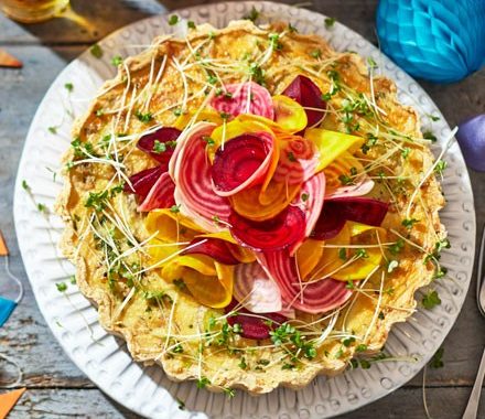 Potted shrimp tart with shaved rainbow beet salad recipe