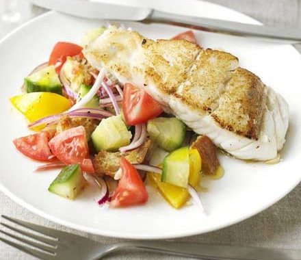 Gazpacho salad with crispy pollock recipe