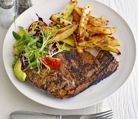 Balsamic steaks with peppercorn wedges recipe