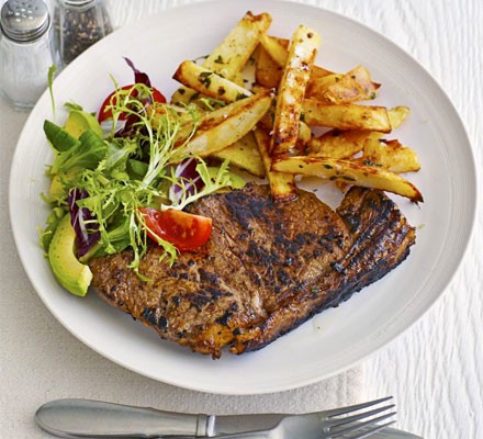 Balsamic steaks with peppercorn wedges recipe 