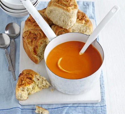 Tomato soup with tear & share cheesy bread recipe 