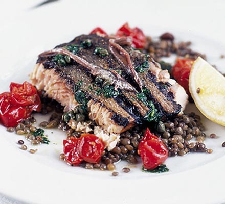 Grilled wild salmon with anchovies, capers & lentils recipe 
