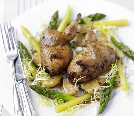 Roast & marinated quail with warm spring vegetable salad recipe