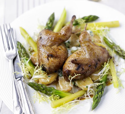 Roast & marinated quail with warm spring vegetable salad recipe 