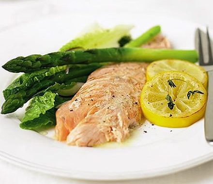 Salmon baked with herbs & caramelised lemons recipe
