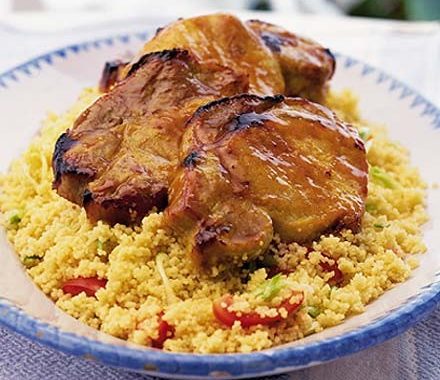 Sticky glazed pork with spring onion couscous recipe