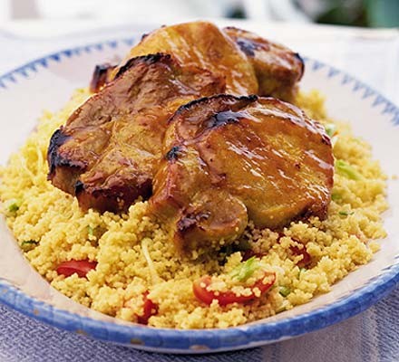 Sticky glazed pork with spring onion couscous recipe 