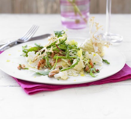 Cauliflower carpaccio with Morecambe Bay shrimps & samphire recipe 