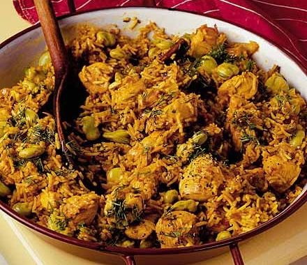 Broad bean & chicken pilaf recipe