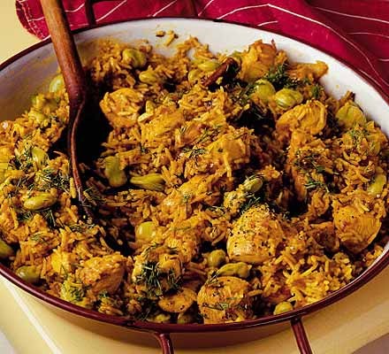 Broad bean & chicken pilaf recipe 