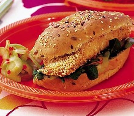 Sesame salmon subs with cucumber pickle recipe